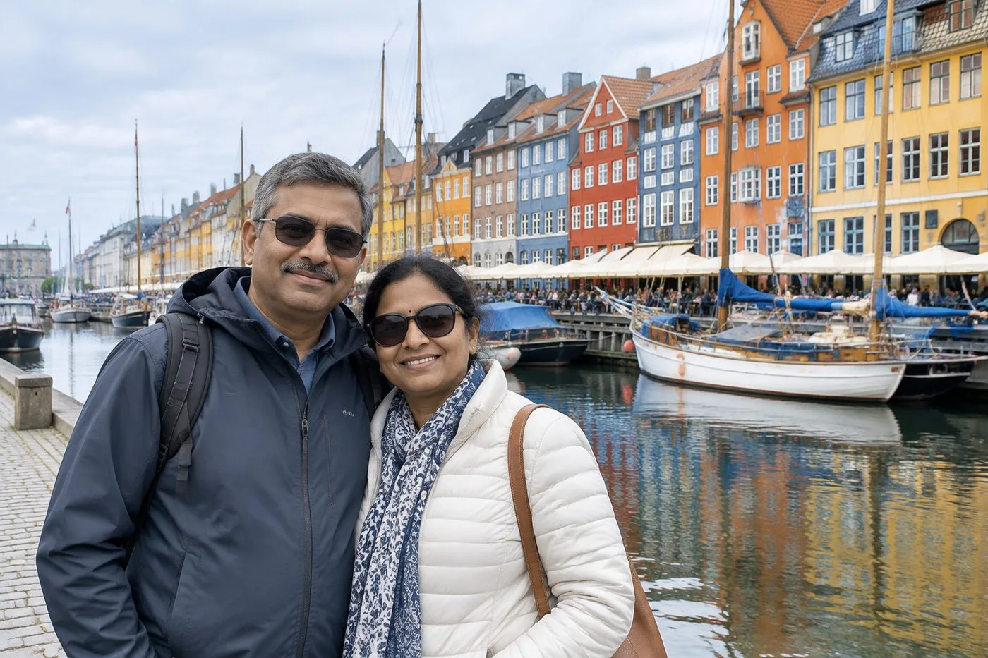 Couple at the colourful harbour houses of Nyhavn, Copenhagen