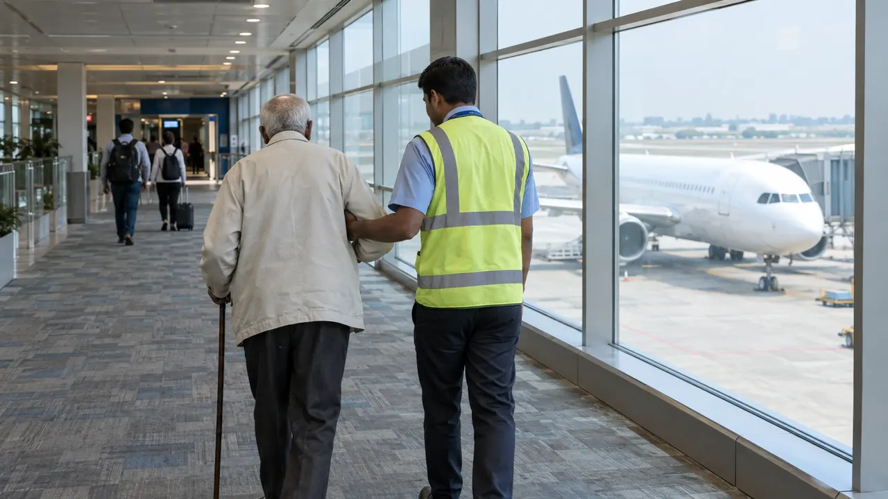 Elderly man with a walking stick helped by ground staff along an airport corridor towards the gate