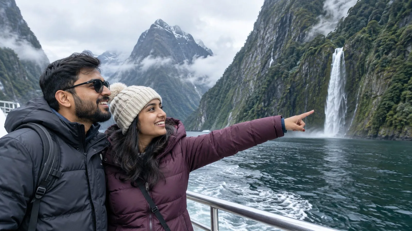 Indian couple on a boat cruise among the cliffs of Milford Sound