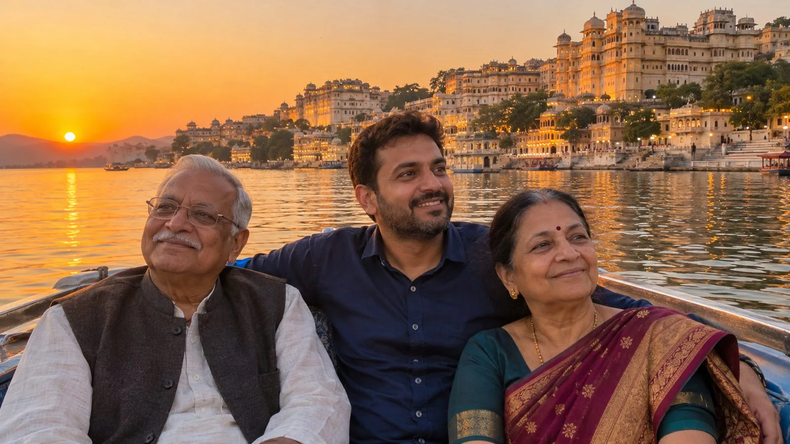 पिछोला झील पर सूर्यास्त के समय नाव की सैर करता बुज़ुर्ग माता-पिता के साथ भारतीय परिवार
