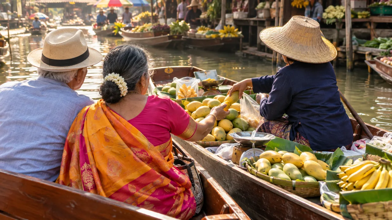 Indian senior couple buying mangoes from a boat vendor at a floating market in Thailand