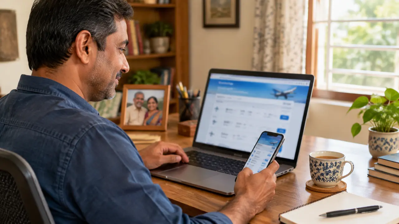 Man at a home desk booking airline tickets for his parents on a laptop and phone