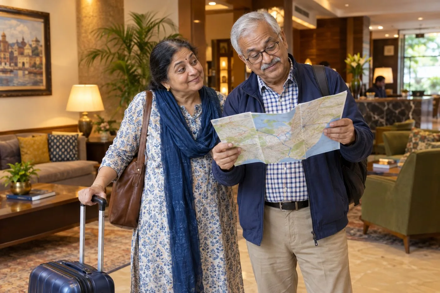 Senior couple with a suitcase in a hotel lobby