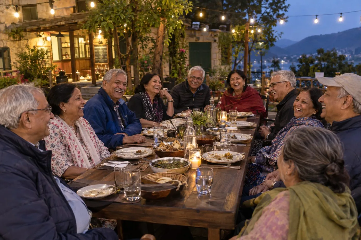 Small group of travellers laughing around one long dinner table