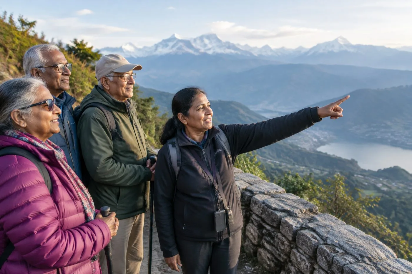 Small tour group with their host at a mountain viewpoint