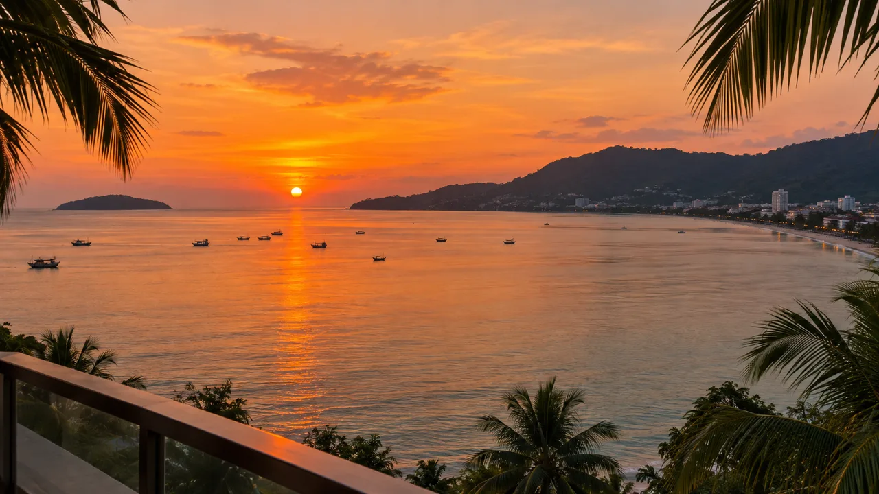 Sunset over the sea from a hotel balcony in Phuket