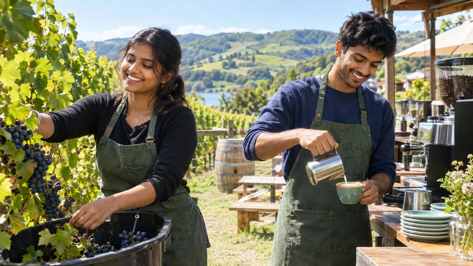 Two young Indian travellers working at a sunny New Zealand vineyard